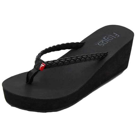 FLOJOS Platform Wedge Flip Flop Thong Sandals Size US 9 EURO 40.5 Black - Picture 1 of 8